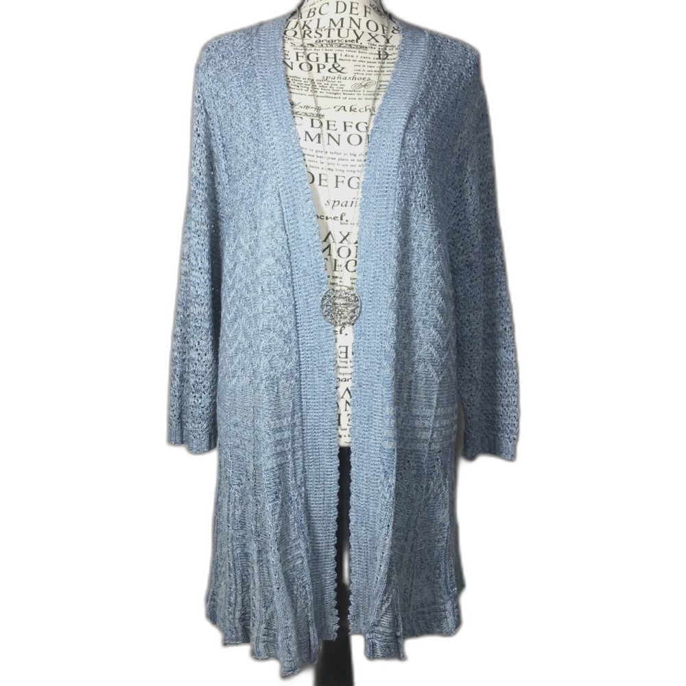 Light blue long duster cardigan lagenlook layering size 1X cottagecore feminine